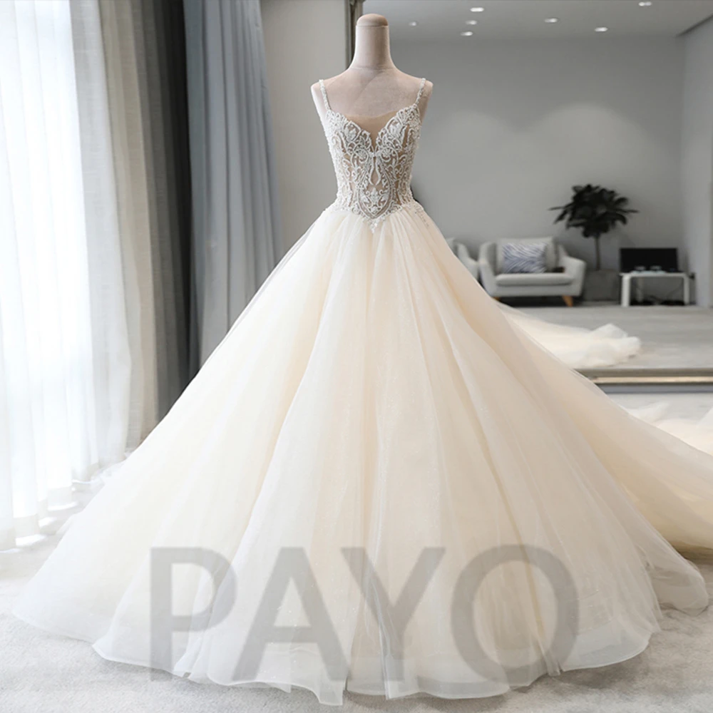 

Elegant Wedding Dress Luxury Spaghetti Straps Beading Appliques Crystal Lace Up Glitter Mopping Gown Robe De Mariee Women
