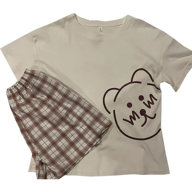 CAIYIER Summer Cotton Women Pajamas Set O-Neck Short Sleeve Shorts Leisure Nightwear Cute Cartoon Print Korean Girls Nightwear