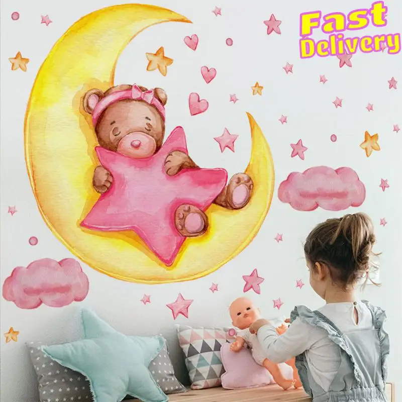 

1pc Cartoon Teddy Bear Sleeping On The Moon And Stars Wall Stickers For Kids Room Baby Room Interior Decoration Wall Decals