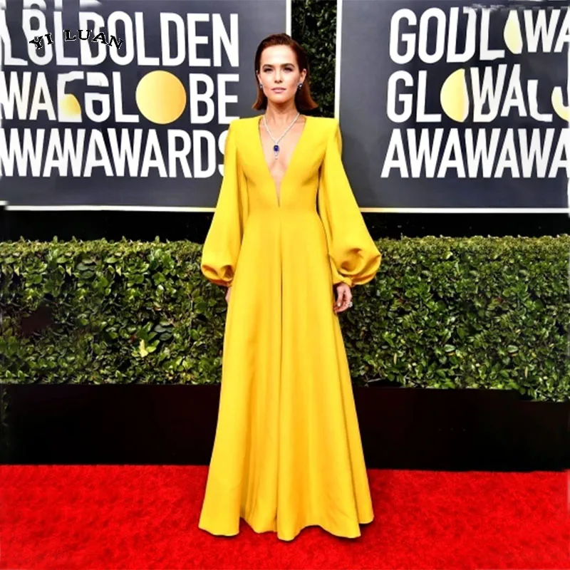 

Yellow Deep V-Neck Satin Retro Long Sleeve Evening Dress 2022 Vestidos De Fiesta Long Dress