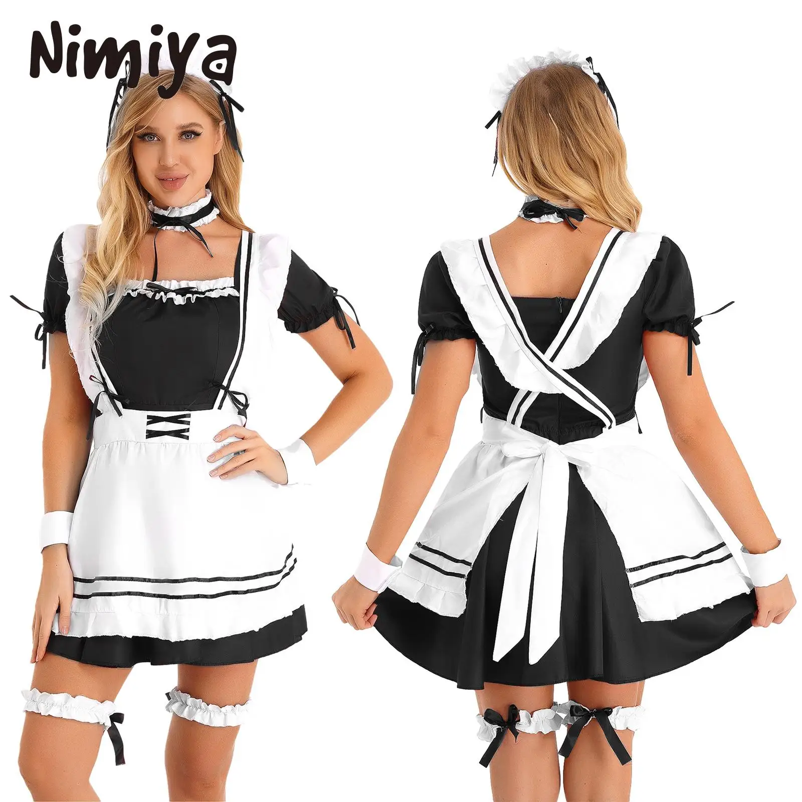 

Nimiya Womens Lovely 6Pcs Lolita Maid Cosplay Apron Dress with Neckwears & Hair Hoop Cuffs 1 Pair Leg Rings Theme Party Costumes