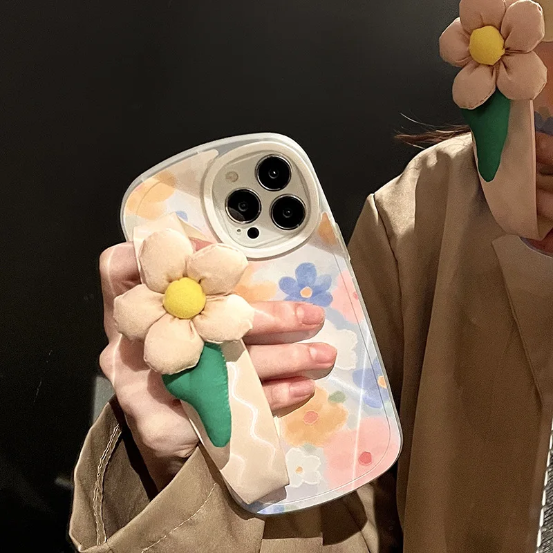 

Korea Pink Puff Flower Wristband Phone Case For iPhone 11 12 13 Pro Max XS XR X Shock Proof Soft TPU Phone Back Protective Cover