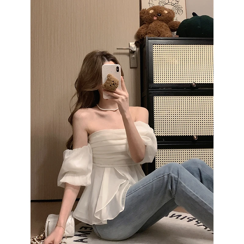 Футболка женская с открытыми плечами пикантный однотонный топ без рукавов