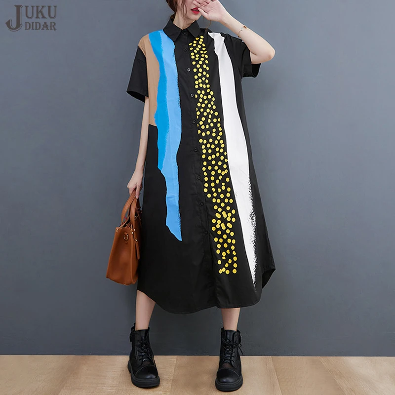 

Женское платье-рубашка в горошек, повседневное Черное Длинное свободное платье большого размера с винтажным принтом, модель JJXD005 в Корейско...