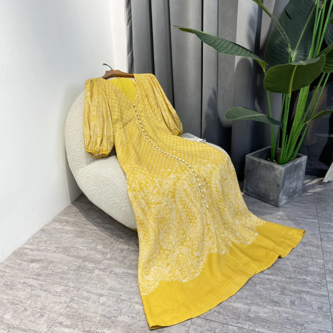 

2022 Summer High Quality Linen White Paisley Print Front Buttons V-neck Elegant Yellow Mid-calf Dresses Ladies