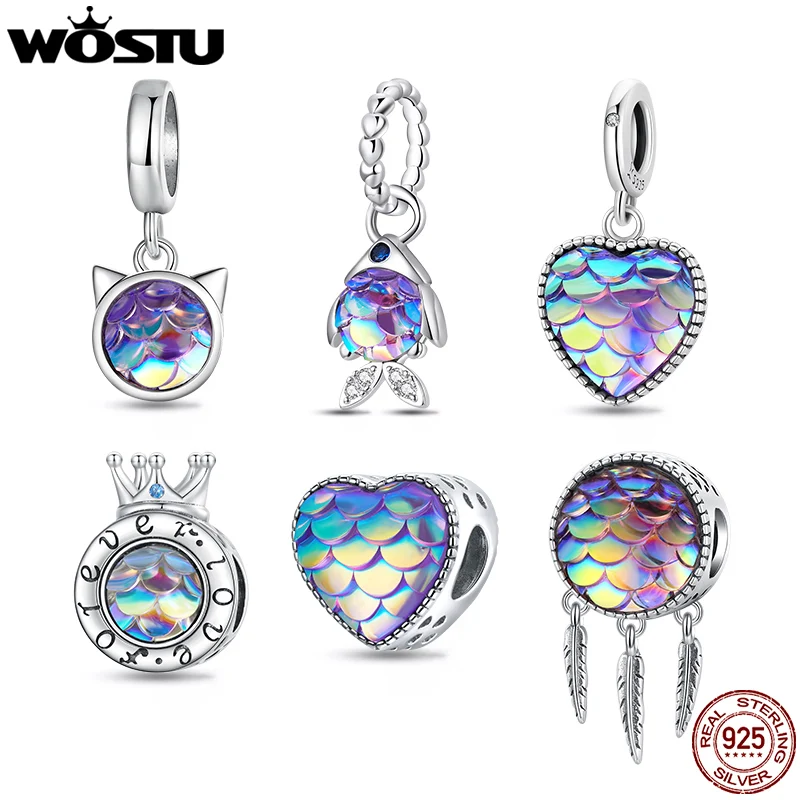 

WOSTU 100% 925 Sterling Silver Blue Purple Fish Charms Beads Heart Pendants Fit Original DIY Bracelet Necklace Jewelry for Women
