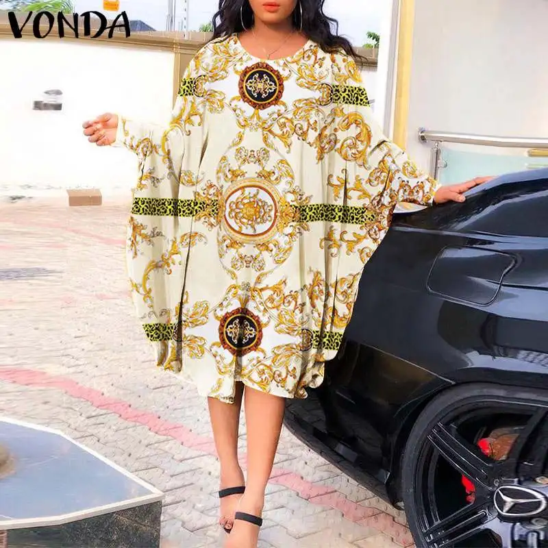 

Stylish Vestidos 2022 VONDA Women Long Bat-Sleeve Dress Ladies Vintage Printed Holiday Sundress Casual Loose Beach Dresses