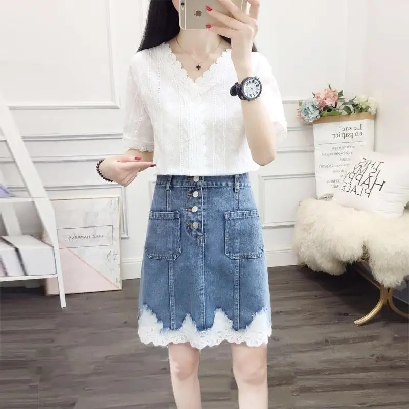 

2022 Women Summer New Fashion 2 Piece Sets Female O-neck Solid Lace Tops and High Waist Denim Mini Skirts Ladies Suits S404