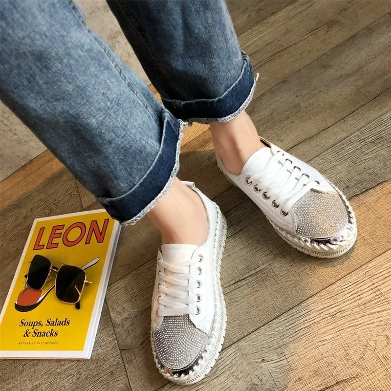 Comemore Spring Fashion Bling Lace Up Ladies Casual Comfortable Round Toe Platform Sneakers White Shoes Women Crystal Shoe 2023