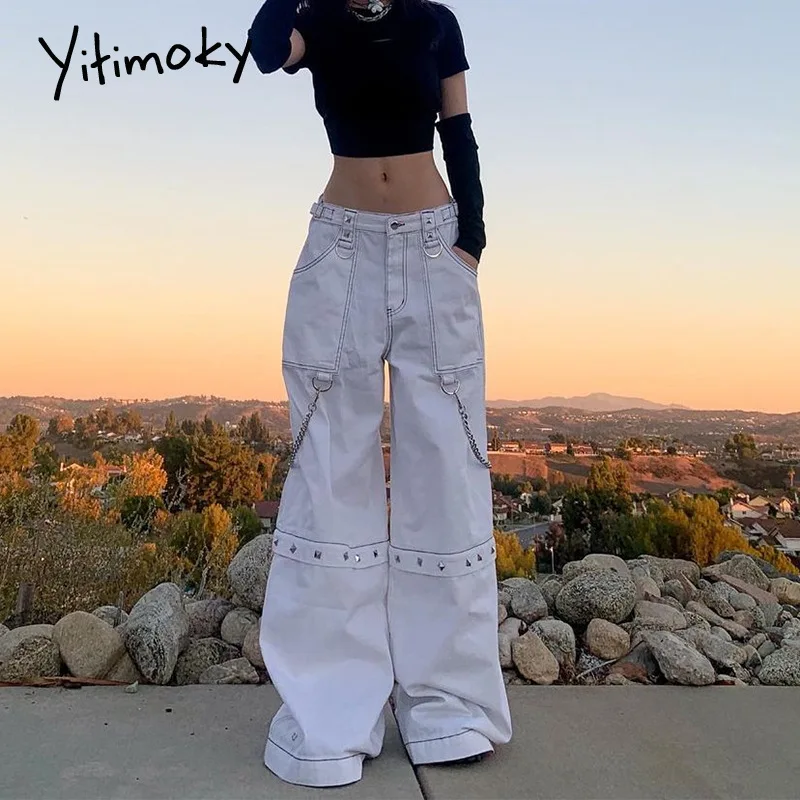 Женские брюки с завышенной талией Yitimoky повседневные однотонные мешковатые