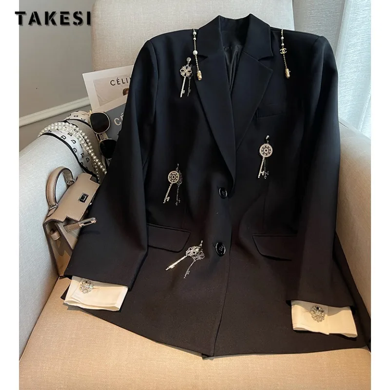 

Женские Роскошные офисные черные свободные блейзеры с английским воротником, винтажные повседневные мешковатые костюмы с длинным рукавом, Осень-зима 2023