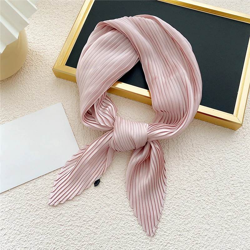

70CM Solid Color Small Square Scarf Women Pleated Silk Scarf Headband Professional Spring Autumn Scarves Decorative Neckerchief