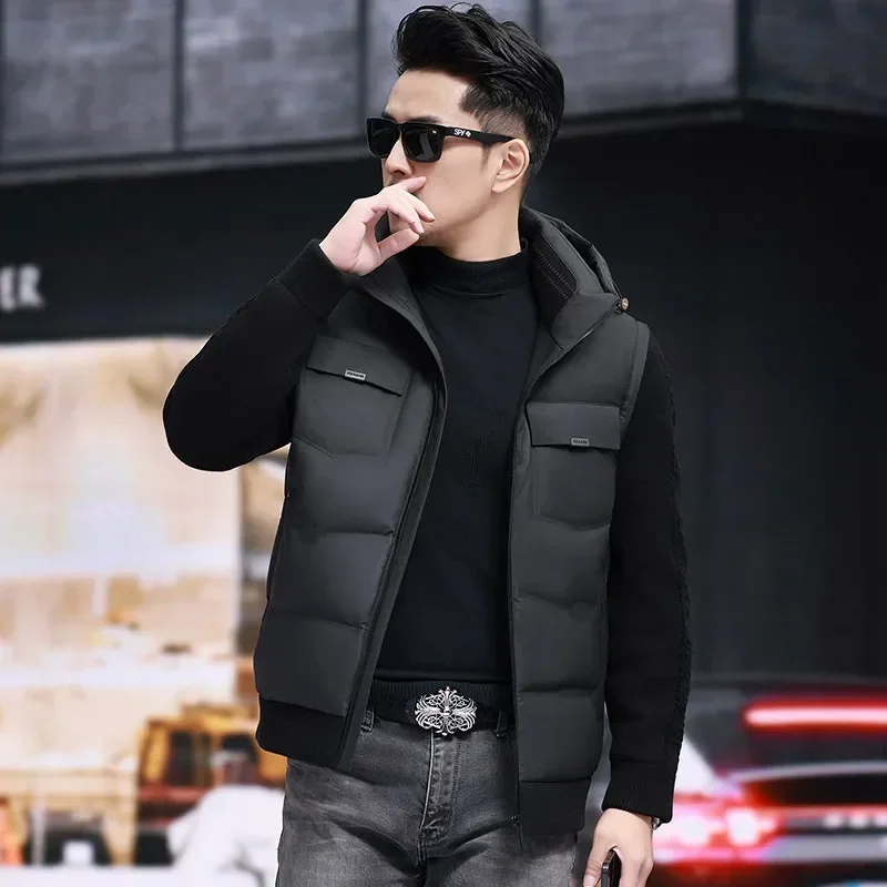 Куртка с капюшоном и вязаными рукавами роскошный Съемный пуховик Мужская