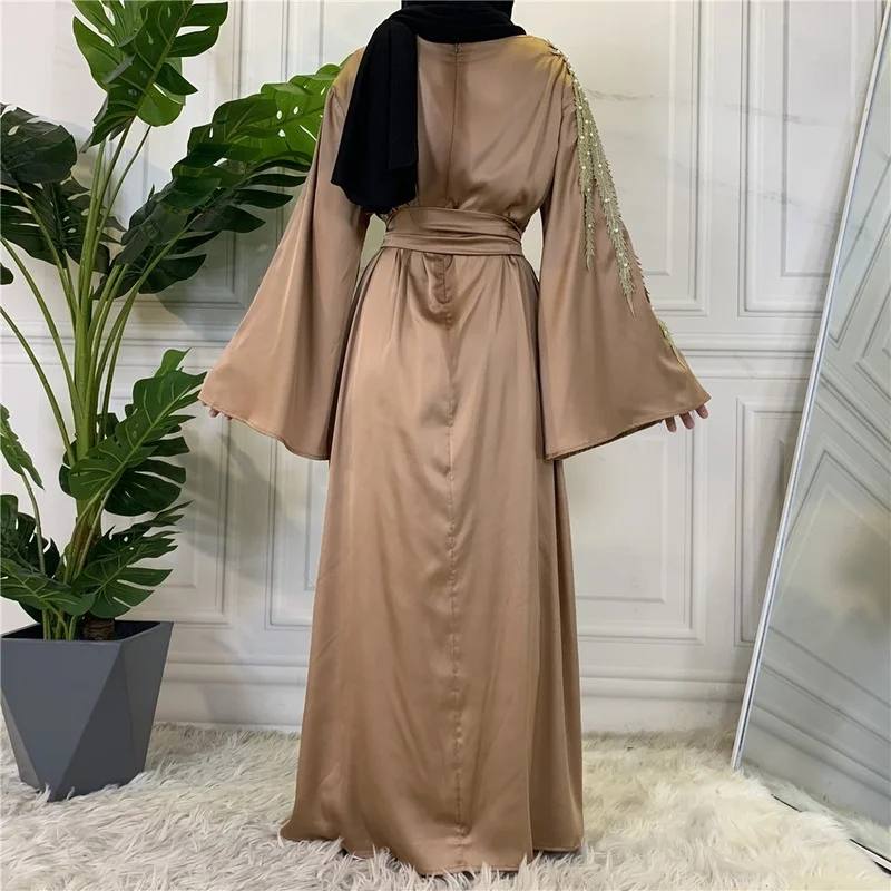 Soft Satin Abaya Maxi Dress Women Muslim Fashion Appliques Long Flare Sleeve Belted Hijab Dresses Dubai  Africa Clothes Ramadan