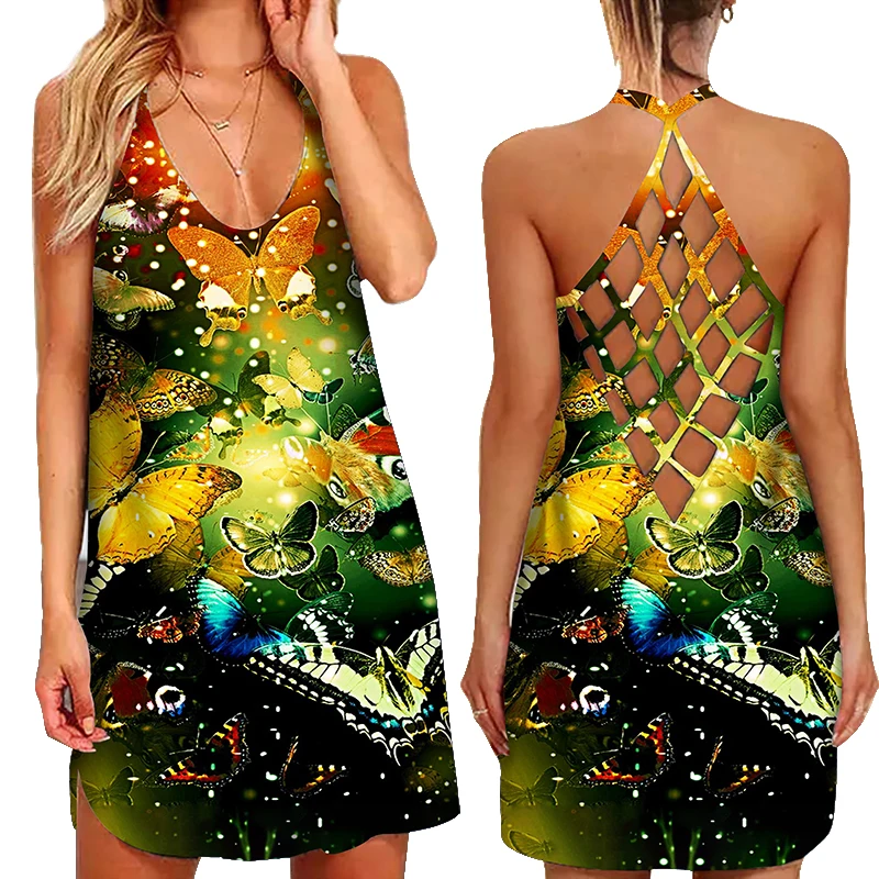 

Женское свободное летнее пикантное платье на бретельках с открытой спиной и принтом бабочки, элегантные летние повседневвечерние празднич...