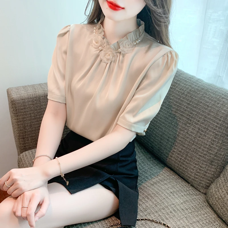 

Новинка 2023, атласная Корейская Свободная рубашка, женская блузка с цветочным бисером, женская блузка, блузка