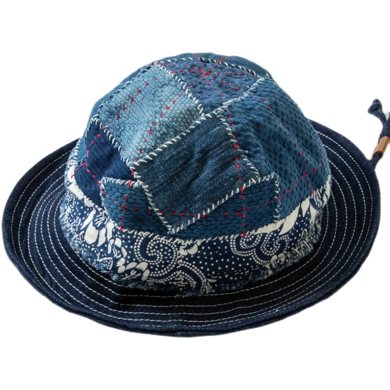 Japanese Handmade Blue Dye Patch Ribbon Fisherman Hat Kendo Cloth Basin Hat Men's and Women's Onesize Casual Bucket Hats