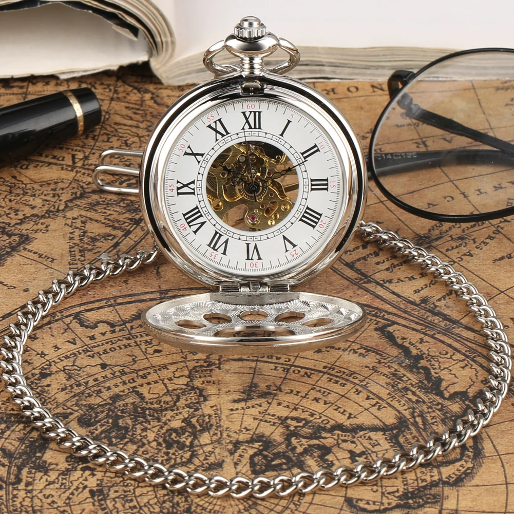 Hollow 12 Circles Roman Numerals Display Silver Mechanical Pocket Watch Exquisite Manual Mechanism Fob Pendant Pocket Clock Men