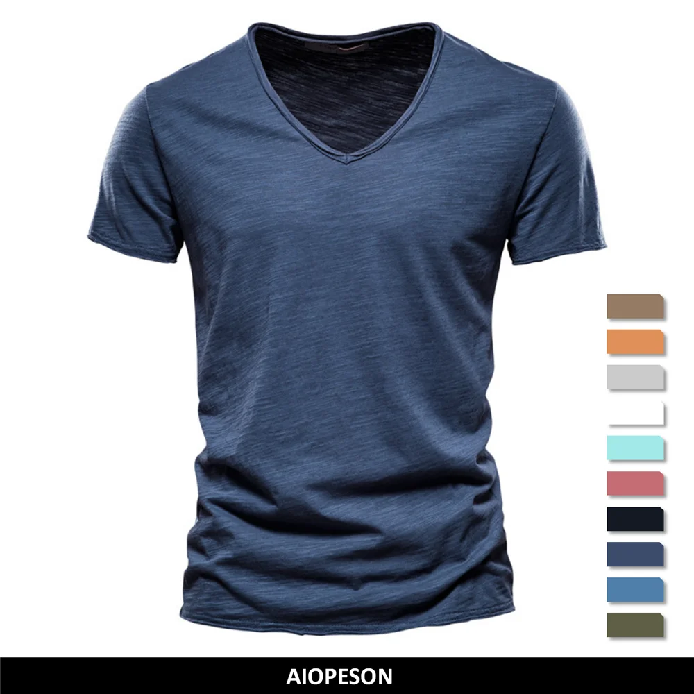 

Брендовая качественная 100% Хлопковая мужская футболка с V-образным вырезом, модный дизайн, приталенные однотонные мужские топы, футболки с коротким рукавом для мужчин