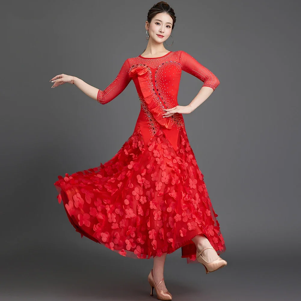 Платье для бальных танцев yesBallroom Dance Pink Waltz Dress 2026: высококачественное, с рюшами, красное, профессиональное, для соревнований, с объемными лепестками, цвета павлиний синий (art.: 3920dc41ebbcf) - 3920dc41ebbcf