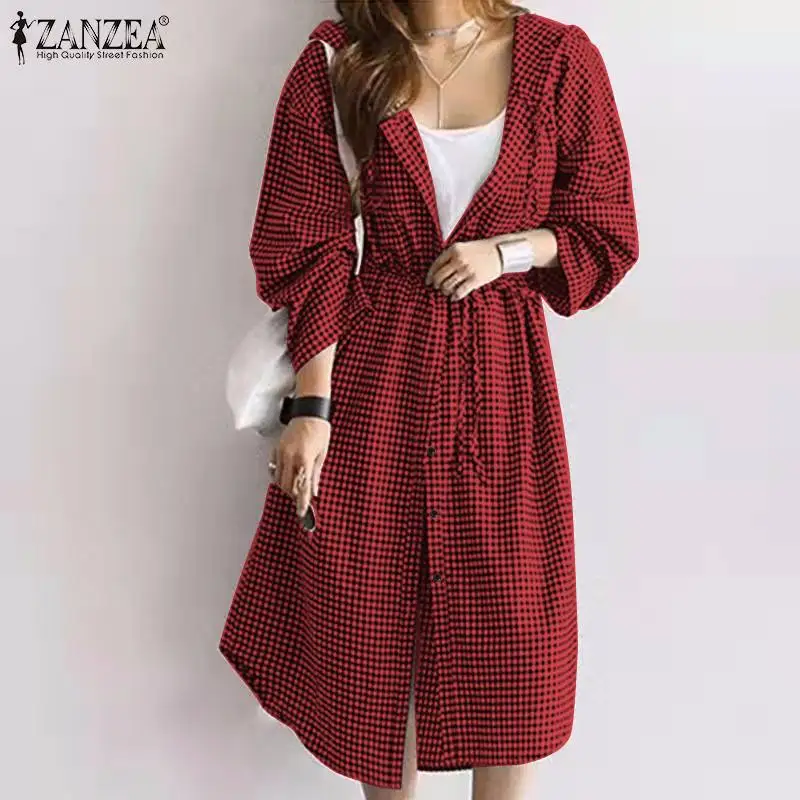 

ZANZEA Women Vintage Long Sleeve Plaid Checked Mid calf Sundress Casual Hoodies Dress Loose Shirt Vestidos Robe Femme Oversized