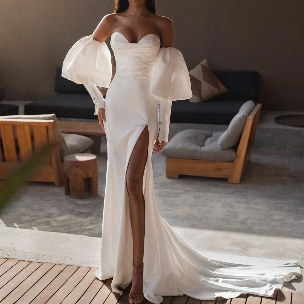 

SONDR Sweetheart Long Bride Dresses Custom Made Puffy Sleeves Ivory High Split Wedding Dress Robe De Mariée Evening Gown Bridal