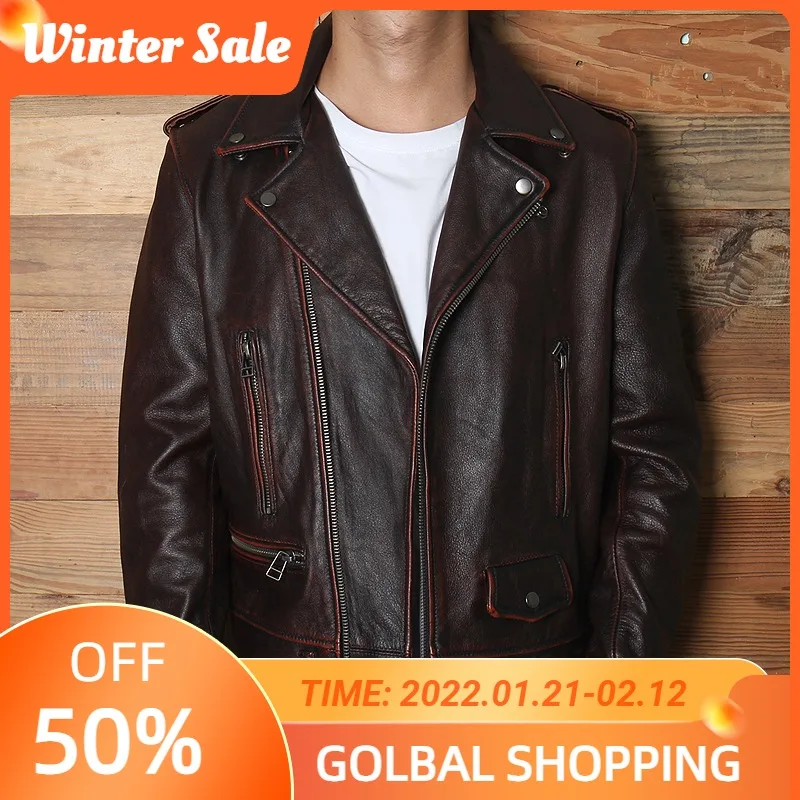 

2021 Vintage Brown Genuine Leather Jacket Men Motorccyle Style Plus Size 4XL Real Natural Cowhide Autumn Slim Fit Biker Coat