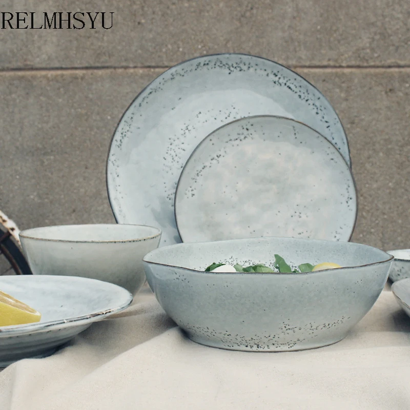 

1PC Nordic Style Ceramic Special Shaped Rice Fruit Salad Dessert Bowl Round Steak Fruit Dinner Plate Restaurant Tableware Set