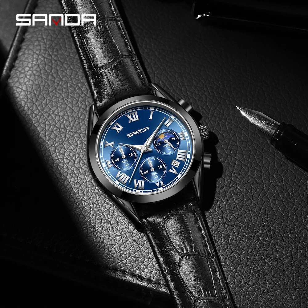 

SANDA Mens Quartz Watches Chronograph Moon Phase Calendar Male Clock Sport Waterproof 30M Men Wrist Watch Relogio Masculino