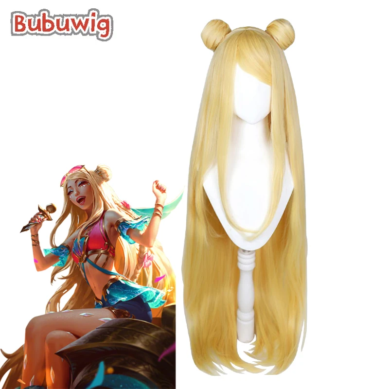 

Bubuwig Synthetic Hair LOL Ocean Song Seraphine Cosplay Wig Women 100cm Long Straight Blonde Party Wigs With Buns Heat Resistant