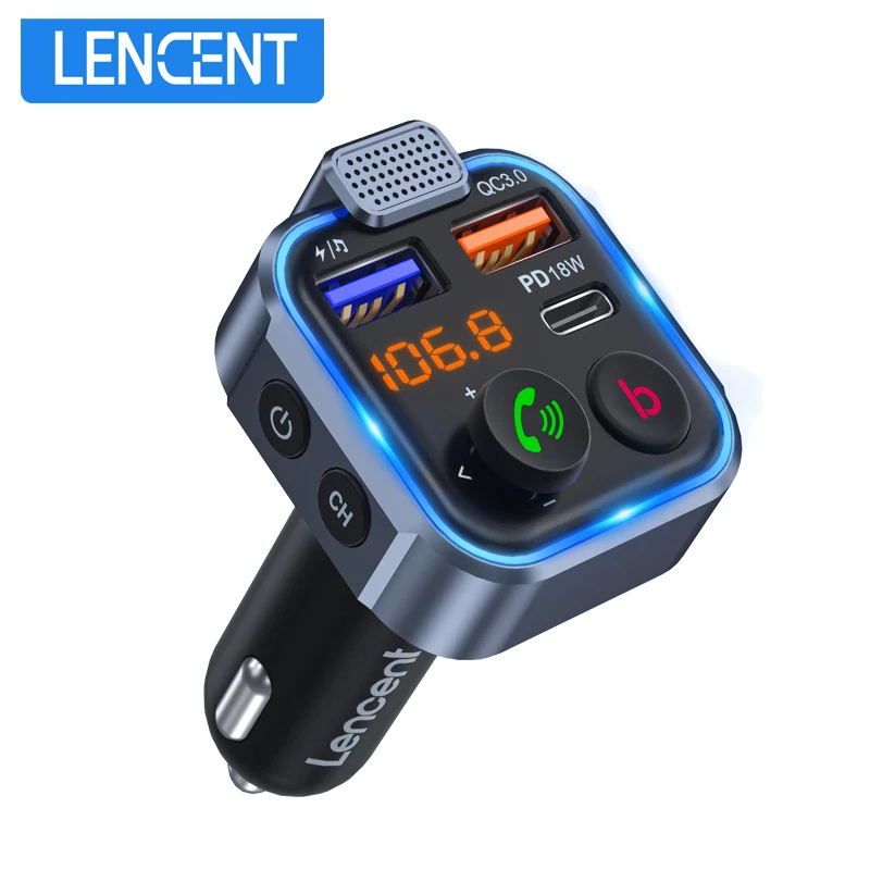 

LENCENT FM Transmitter Wireless Bluetooth 5.0 Handsfree Car Kit with Type-C PD 20W+ QC3.0 Fast USB Mp3 Player Receiver Hi Fi