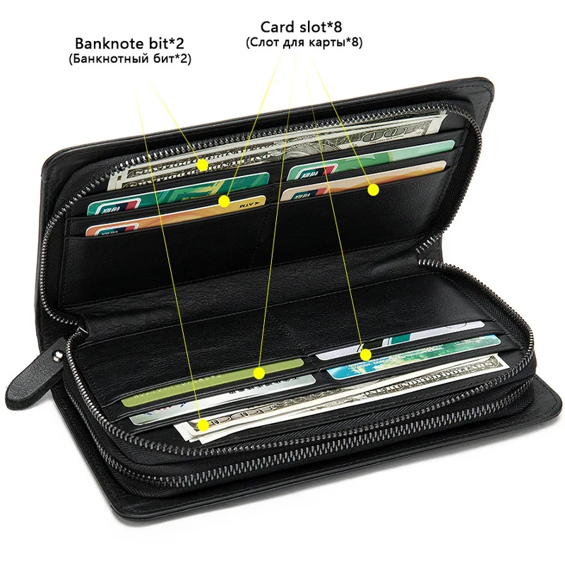 Men Clutch Bag Genuine Leather Long Purse Wallet Bag Double Zipper Male Clutch Handbag Phone Pocket Card Holder Large Capacity