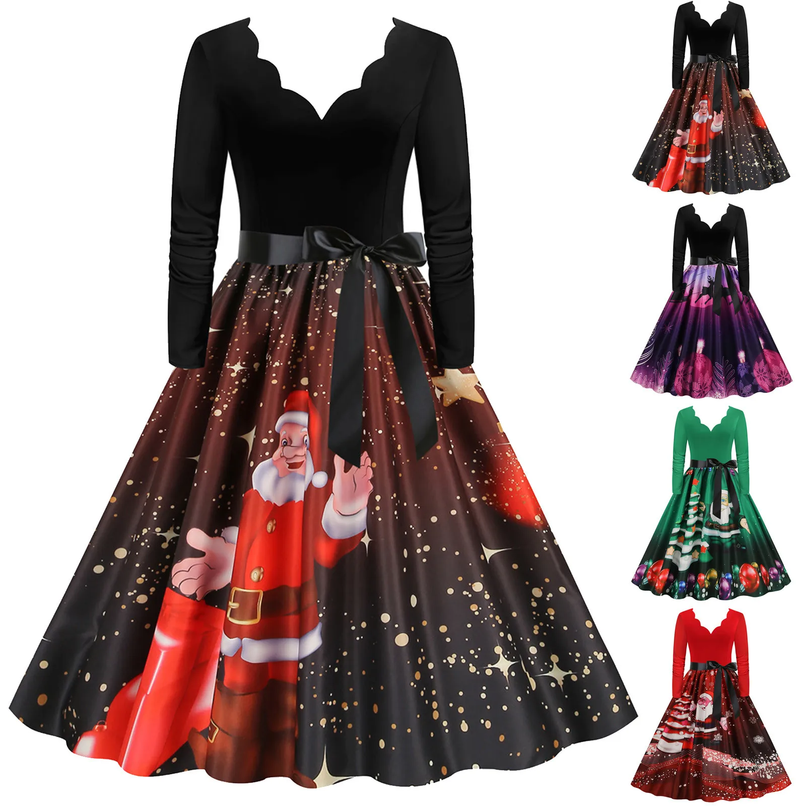 

Women Vintage Long Sleeve V Neck Christmas 1950s Housewife Evening Party Prom Party Beach Dress Rose Outfits