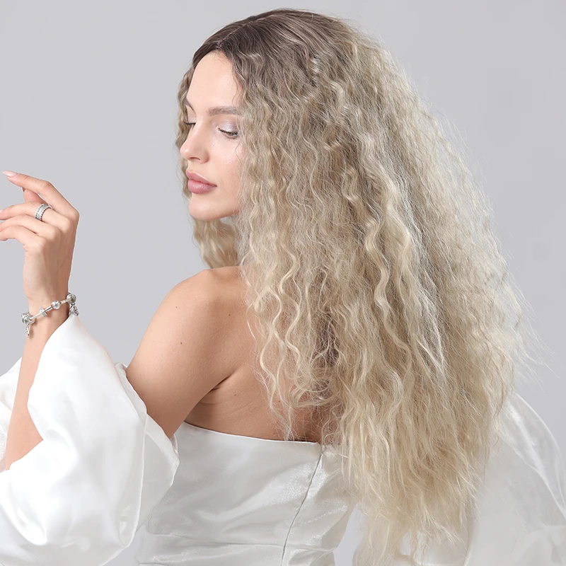 Fluffy Long Kinky Water Wavy Wig Synthetic Hair for White Women Ombre Blonde Cosplay Fluffy Deep Wave Wigs 28 inch