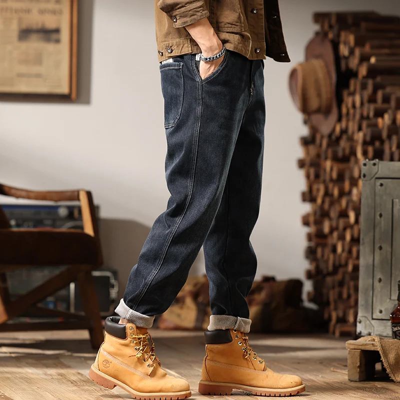 2024 высококачественные зимние теплые свободные зауженные прямые джинсы с