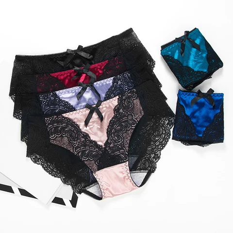 Sexy Satin Lace Panties Women's Underwear Transparent Sheer Lace Briefs Tangas Knickers Soft Shiny Satin Panty Wholesale
