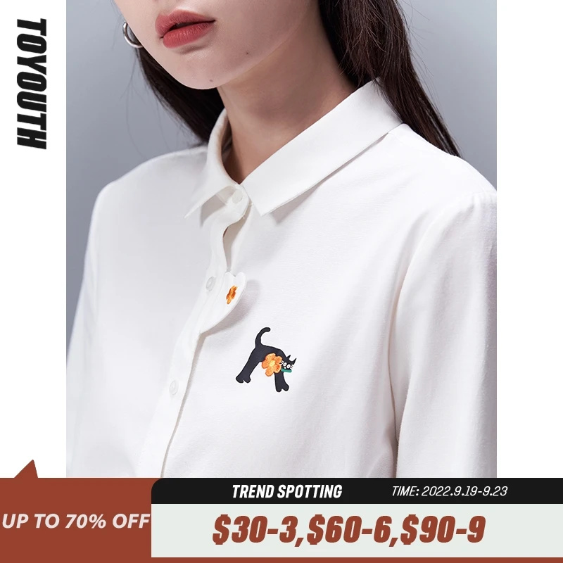 Toyouth-camisas de manga larga para mujer, Blusa con cuello tipo Polo, bordada en 3D, con estampado de gato, Tops informales Chic, color blanco sólido, Primavera, 2022