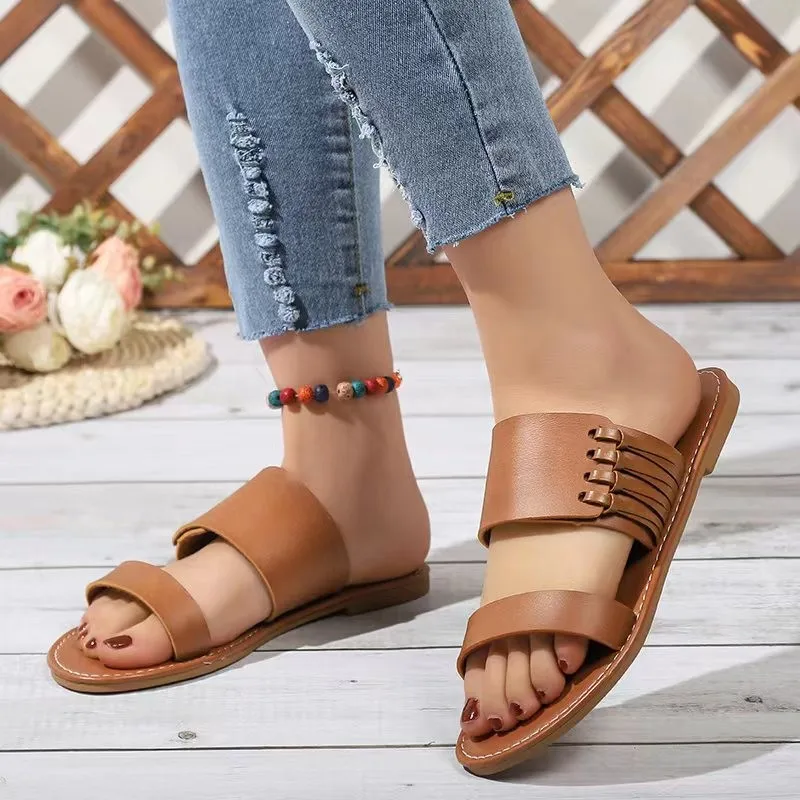 

Тапки женские из экокожи, базовые шлепанцы с открытым носком, повседневная обувь на плоской подошве, лето 2023