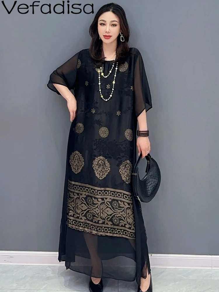 

Vefadisa 2023 Summer New Women Print Loose Dress Black Gauze Casual Personalized Bilayer Fashion Trendy Girl Long Dress ZY1308