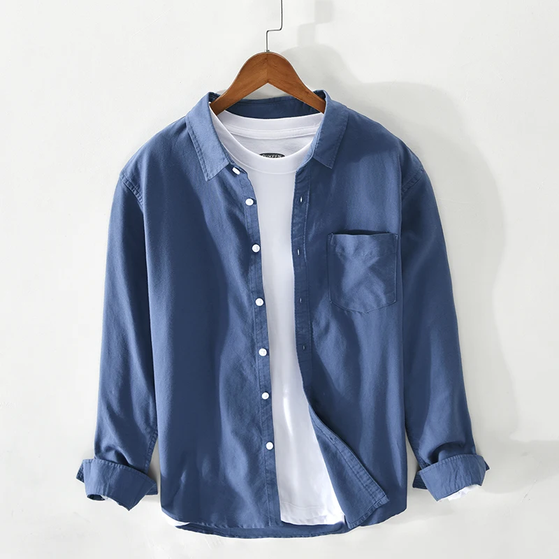 

Mens Long Sleeve Shirt 100% Pure Cotton Casual Turn-down Collar Tops Solid Male Button Up Vintage Clothing 2020 New Multicolor