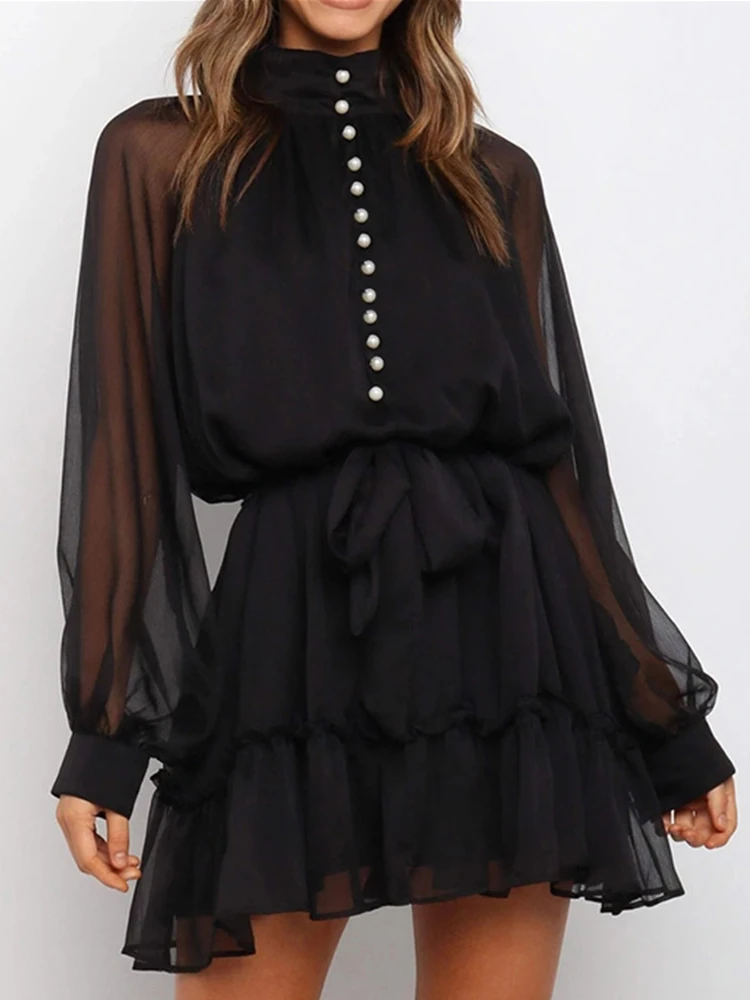 

Новое Стильное элегантное женское платье на весну и лето с полувысоким воротником и черной полупрозрачной шнуровкой