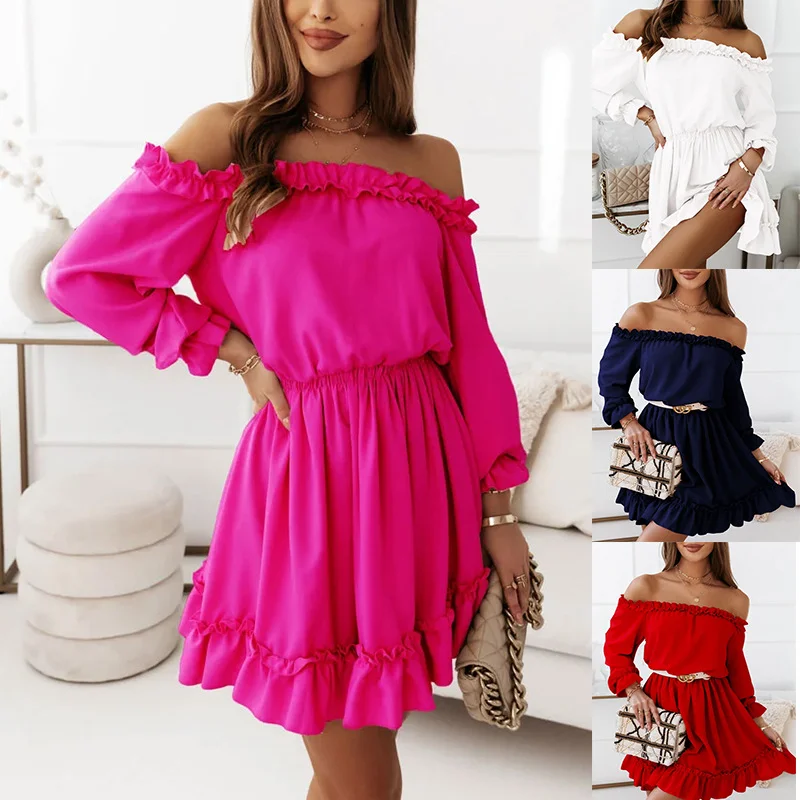 

Spring Summer Sexy Slash Neck Off Shoulder Women Dress Solid Elastic Waist Long Sleeve Casual Office Party