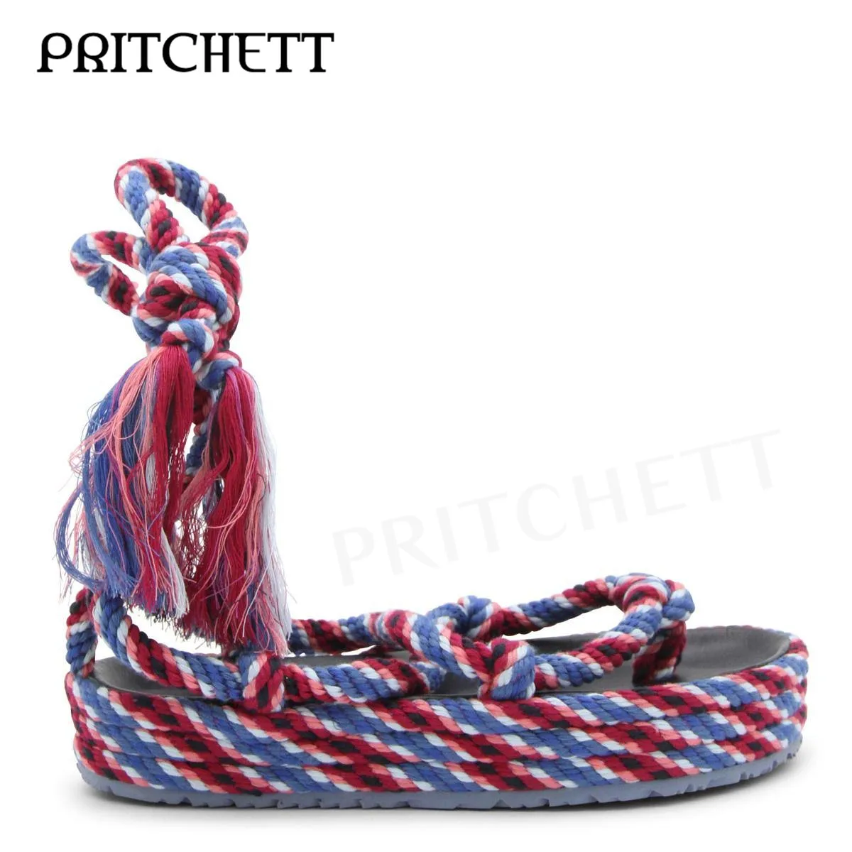 Blue and Red Color-Block Woven Flip-Flops Woven Heightened Round Toe Cross-Strap Sandals Fashion Tassel Platform Sandals
