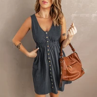 summer women dress solid color sexy off shoulder v neck single breasted sleeveless ladies casual dress
