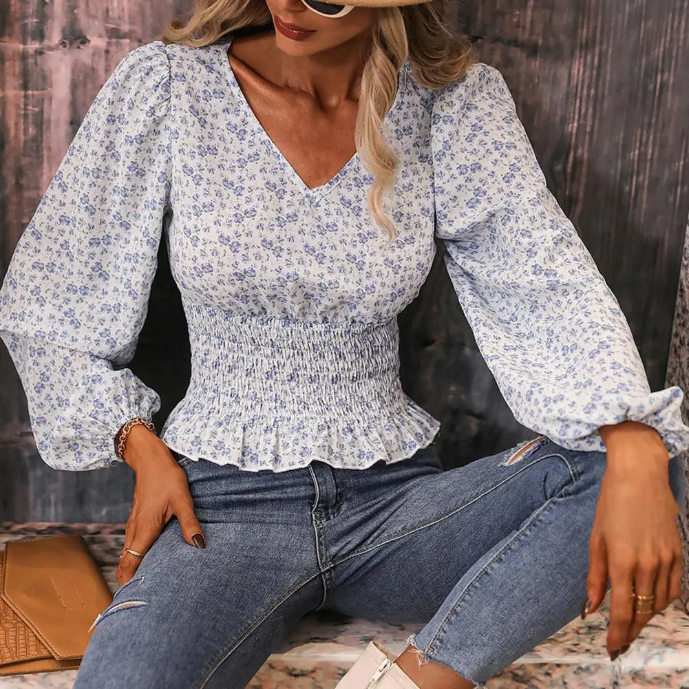 

Women Floral Top V Neck Slim Fit Pleated Waist Elastic Long Sleeve Floral Women Shirt for Autumn Female Clothing Streetwear