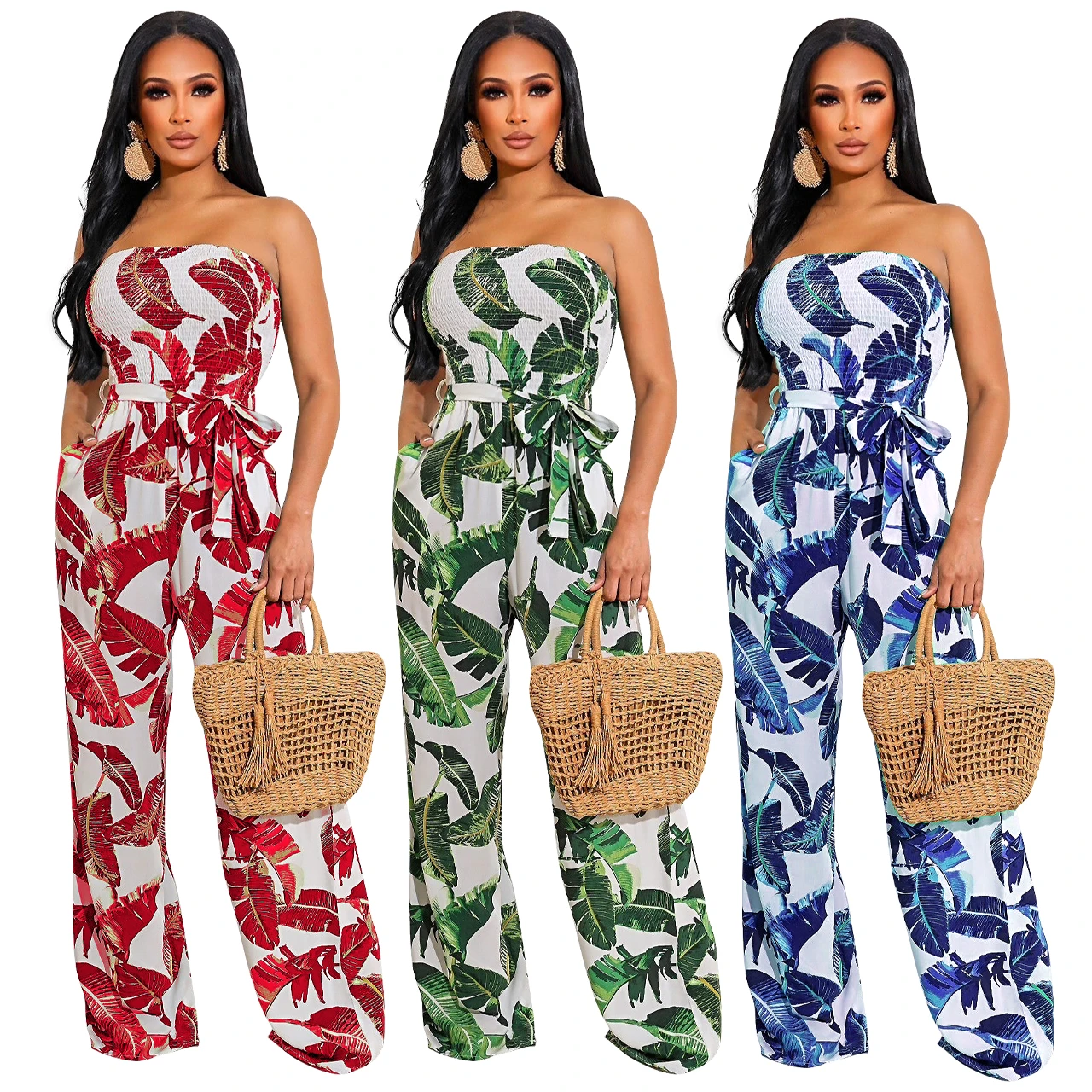 

Summer Bohemian Printing Women Jumpsuit Holidays Casual Bodysuit Strapless Sleeveless Wide Leg Pants Fashion Rompers + Sash