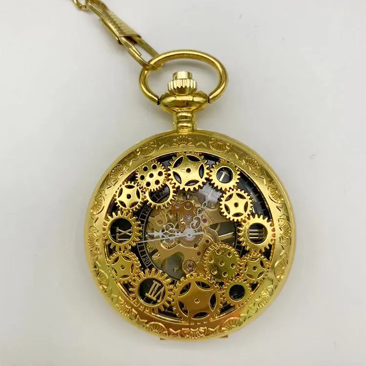 Luxury Steampunk Gear Mechanical Pocket Watch for Men Women Hollow Out Skeleton Case Roman Numerals Dial Fob Chain Pendant Clock