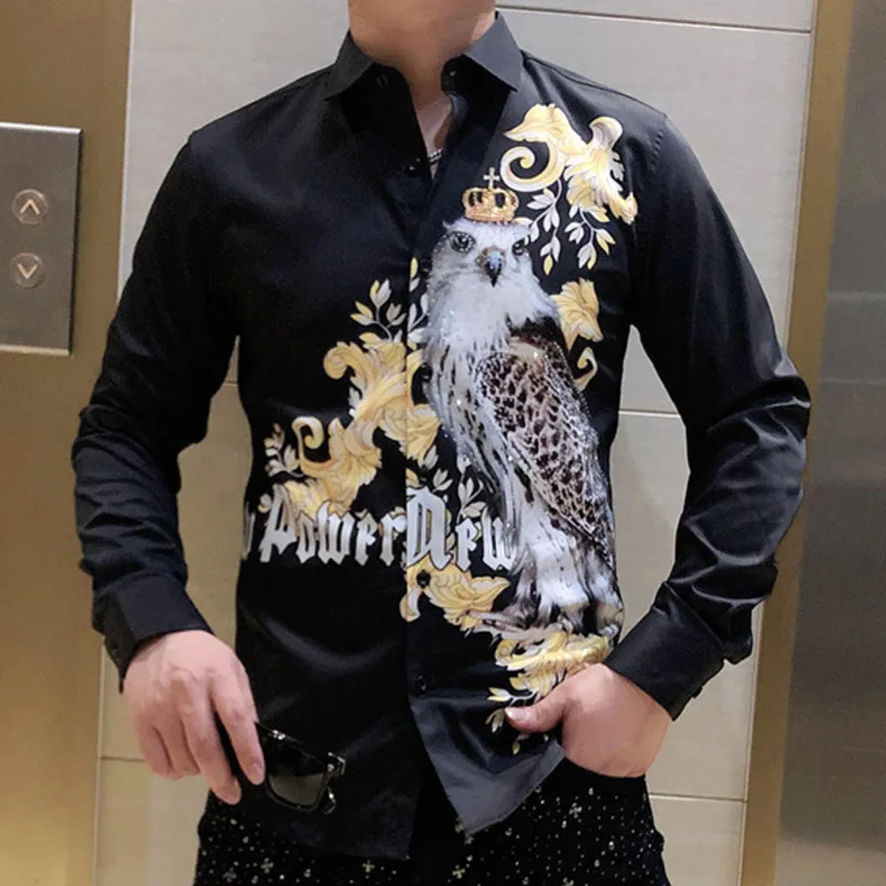 

2022 Men's Fall New Style Rhinestones Print Casual Long Sleeved Shirt Men Animal Print Hot Drill Brand Slim Shirt Men Black