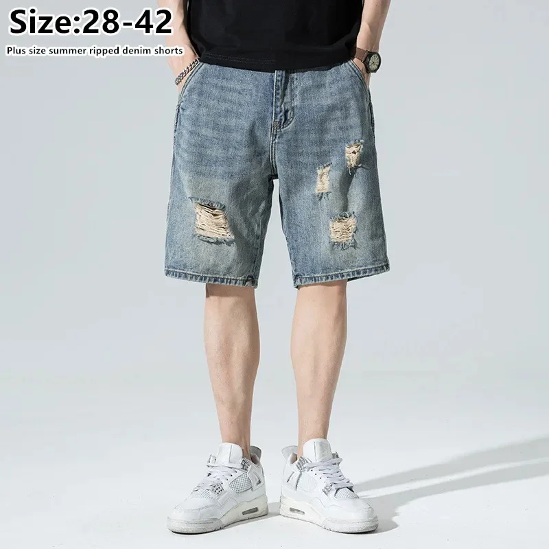 

Summer Ripped Jeans Half Trousers Loose Men Boys Vintage Fashion Holes Scratched Casual Distressed Denim Plus Size 40 42 Shorts