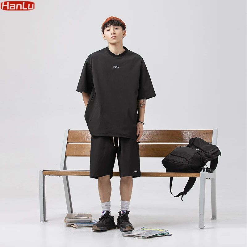 Summer New 2pcs Men's Sets Baggy Short Set Clothing Loose  Cross threaded drawstrin T Shirts /Shorts Stylish Oversize Streetwear
